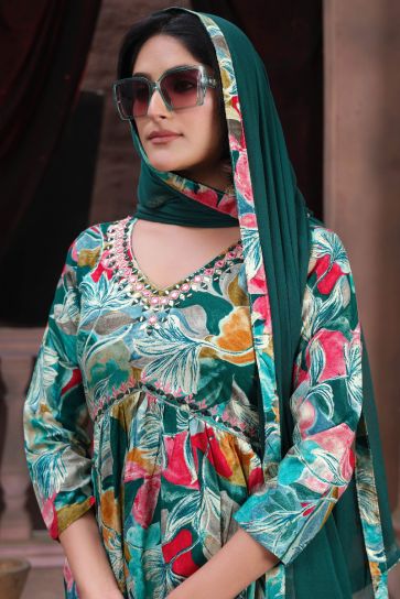 Teal Color Printed Anarkali Salwar Suit In Rayon Fabric