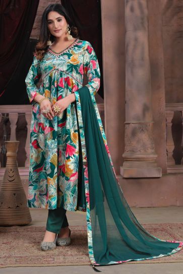 Teal Color Printed Anarkali Salwar Suit In Rayon Fabric