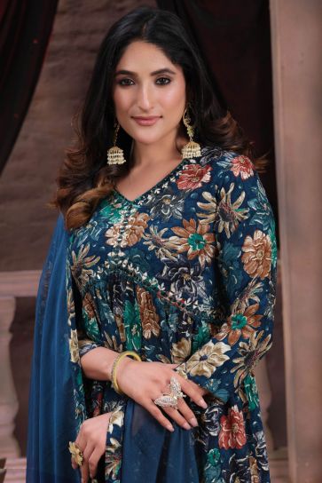 Printed Rayon Fabric Anarkali Suit In Navy Blue Color
