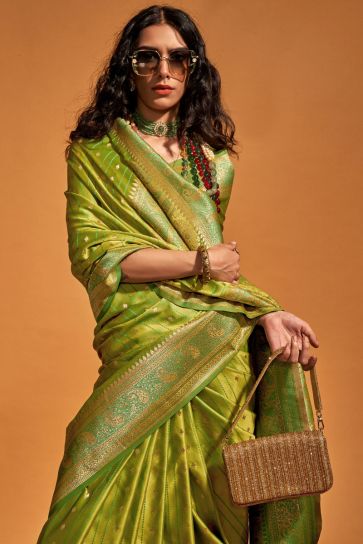 Green Color Handloom Weaving Party Wear Satin Silk Saree