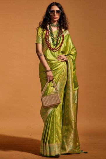 Green Color Handloom Weaving Party Wear Satin Silk Saree