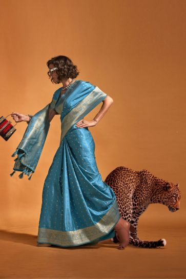 Party Wear Satin Silk Handloom Weaving Designer Saree In Sky Blue Color