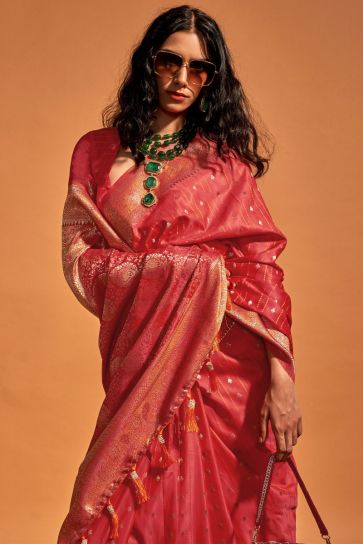 Red Satin Silk Handloom Weaving Saree
