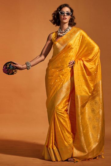 Mustard Color Satin Silk Handloom Weaving Party Wear Beautiful Saree