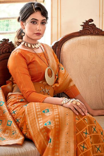 Weaving Work Organza Fabric Saree In Orange Color