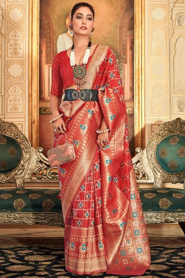 Organza Fabric Red Color Weaving Work Function Wear Fancy Saree