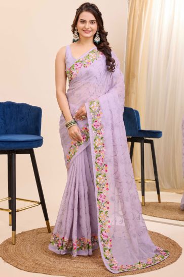 Lavender Color Exquisite Embroidered Work Festival Wear Art Silk Saree