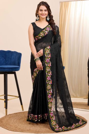 Alluring Black Color Embroidered Work Festival Wear Art Silk Saree