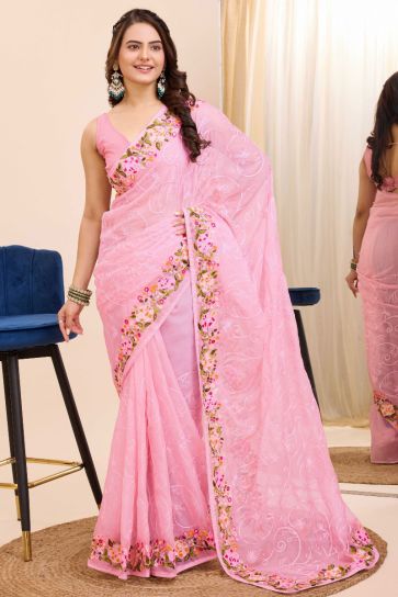 Blazing Pink Color Embroidered Work Festival Wear Art Silk Saree