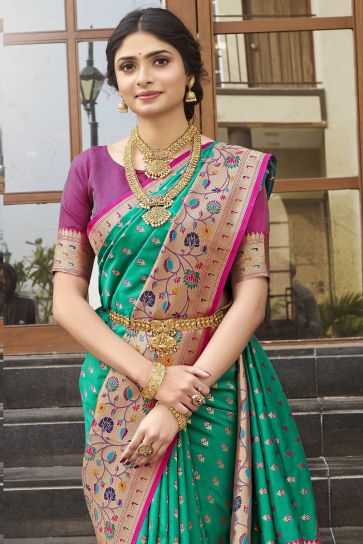 Kanchipuram Silk Fabric Green Color Beatific Look Meenakari Work Saree