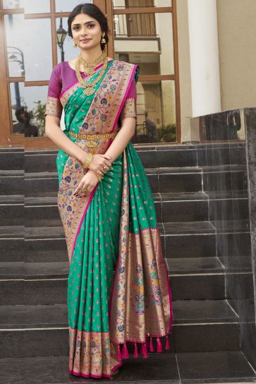Kanchipuram Silk Fabric Green Color Beatific Look Meenakari Work Saree