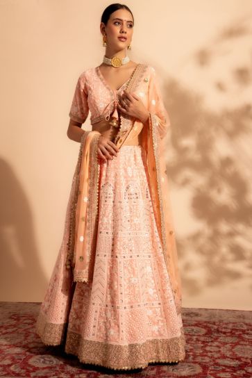 Embellished Sequins Work On Peach Color Georgette Fabric Lehenga