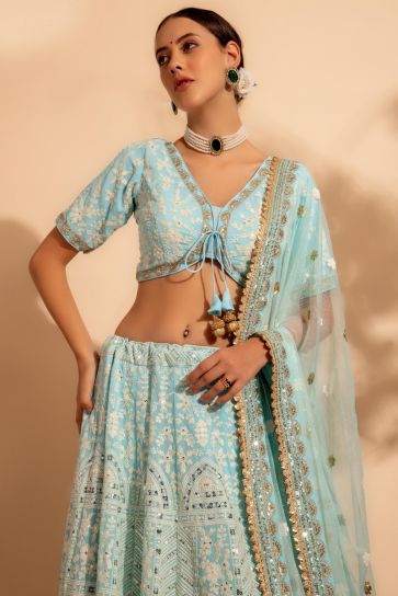 Awesome Sequins Work On Georgette Fabric Blue Color Lehenga
