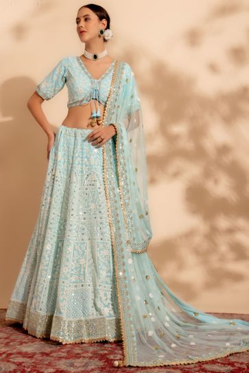 Awesome Sequins Work On Georgette Fabric Blue Color Lehenga