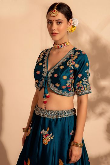Tempting Organza Fabric Teal Color Lehenga With Sequins Work