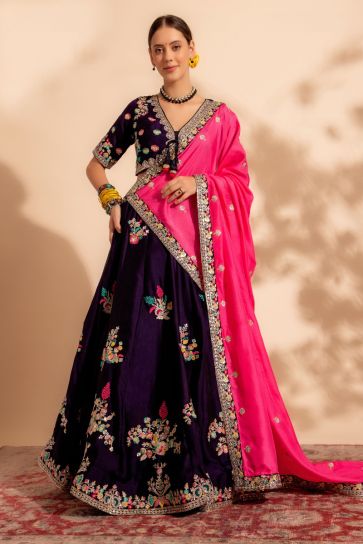 Engaging Purple Color Organza Fabric Lehenga With Sequins Work