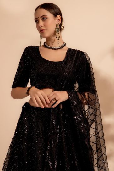 Sequins Work On Black Color Gorgeous Lehenga In Net Fabric