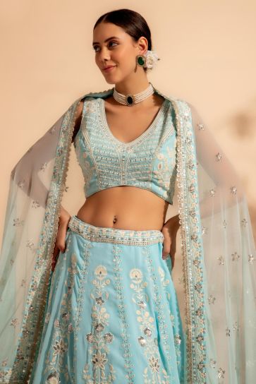 Georgette Fabric Light Cyan Color Lehenga With Winsome Sequins Work