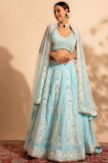 Georgette Fabric Light Cyan Color Lehenga With Winsome Sequins Work