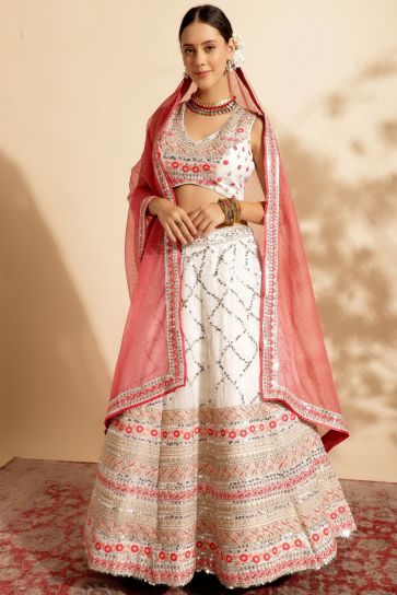 Excellent Georgette Fabric Off White Color Lehenga With Sequins Work