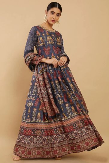 Blue Color Party Wear Digital Print Readymade Long Anarkali Style Gown In Art Silk Fabric