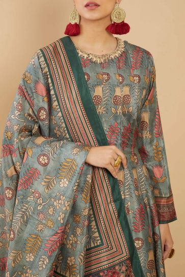Sangeet Wear Digital Print Readymade Long Anarkali Style Gown In Art Silk Fabric Sea Green Color
