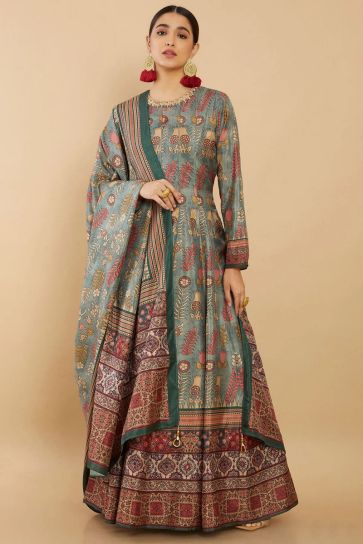 Sangeet Wear Digital Print Readymade Long Anarkali Style Gown In Art Silk Fabric Sea Green Color