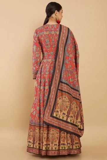 Digital Print Red Color Wedding Wear Readymade Long Anarkali Style Gown In Art Silk Fabric