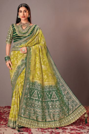 Yellow Color Glorious Silk Saree With Heavy Embroidered Velvet Blouse