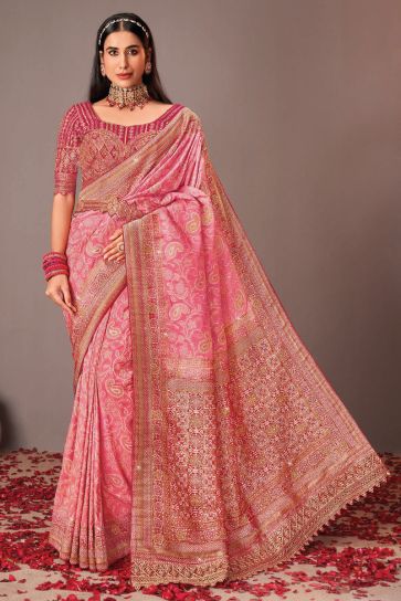 Pink Color Glamorous Silk Saree With Heavy Embroidered Velvet Blouse