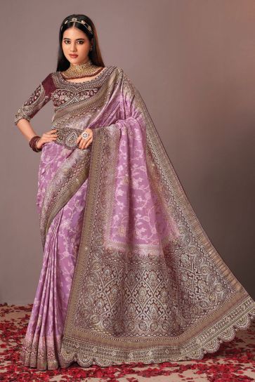Attractive Silk Saree With Heavy Embroidered Velvet Blouse In Lavender Color