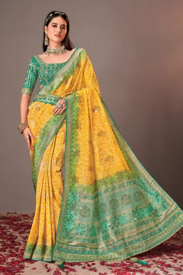 Alluring Mustard Color Silk Saree With Heavy Embroidered Velvet Blouse