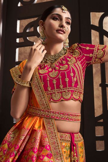 Beguiling Embroidered Work On Multi Color Silk Fabric Bridal Lehenga