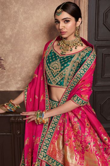 Tempting Silk Fabric Green Color Bridal Lehenga With Embroidered Work