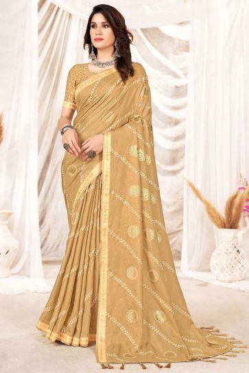 Art Silk Printed Saree In Golden Color