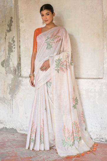 Daily Wear Muga Cotton Fabric Cream Weaving Work Saree
