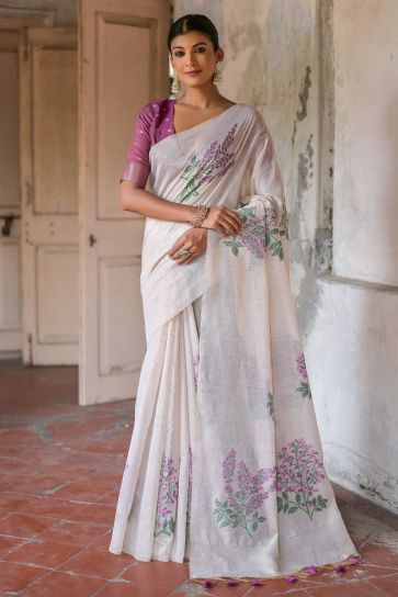 Cream Muga Cotton Fabric Daily Wear Weaving Work Casual Saree