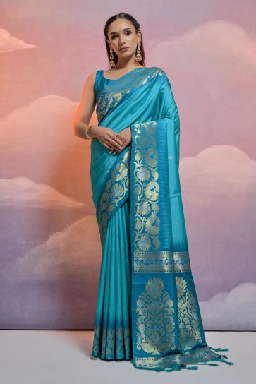 Art Silk Fabric Cyan Fancy Weaving Work Wedding Wear Saree