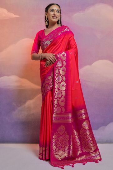 Reception Wear Art Silk Fabric Pink Weaving Work Saree