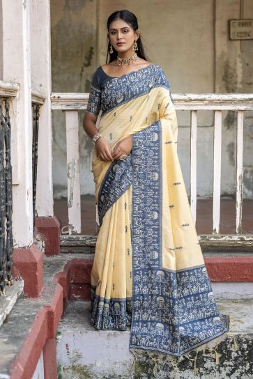 Delightful Beige Woven Border Handloom Raw Silk Casual Saree