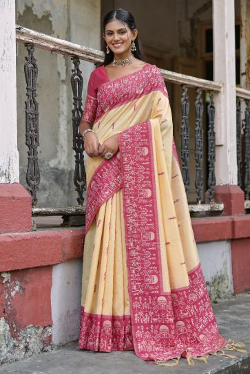 Beige Handloom Raw Silk Daily Wear Woven Border Casual Saree