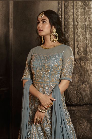 Sonal Chauhan Radiant Grey Color Net Fabric Wedding Wear Anarkali Suit