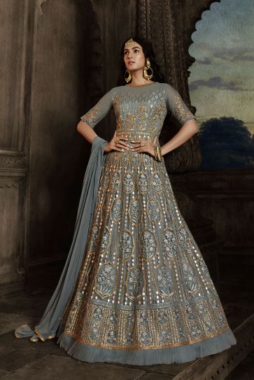 Sonal Chauhan Radiant Grey Color Net Fabric Wedding Wear Anarkali Suit