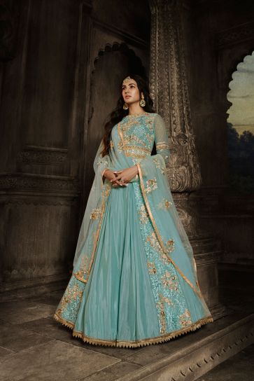 Sonal Chauhan Net And Georgette Fabric Light Cyan Color Excellent Wedding Wear Anarkali Suit