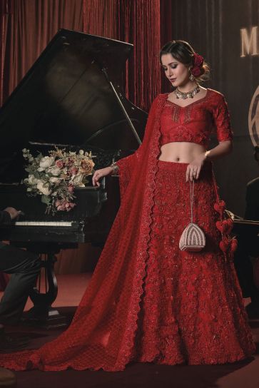 Red Art Silk Wedding Wear Lehenga Choli With Embroidery Work