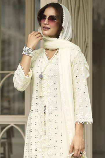 White Color Georgette Fabric Embroidered Readymade Palazzo Salwar Suit