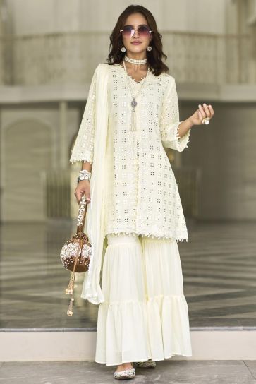 White Color Georgette Fabric Embroidered Readymade Palazzo Salwar Suit