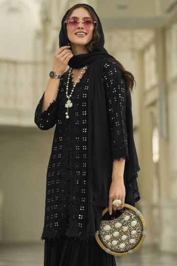 Black Color Embroidered Readymade Palazzo Suit In Georgette Fabric