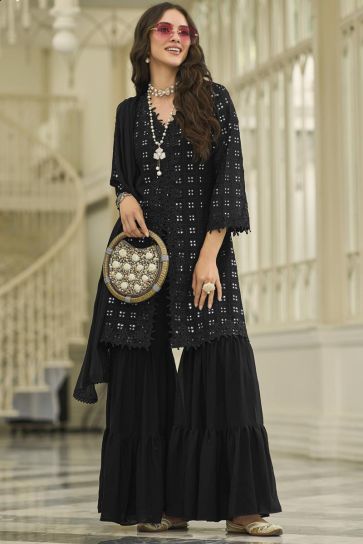 Black Color Embroidered Readymade Palazzo Suit In Georgette Fabric