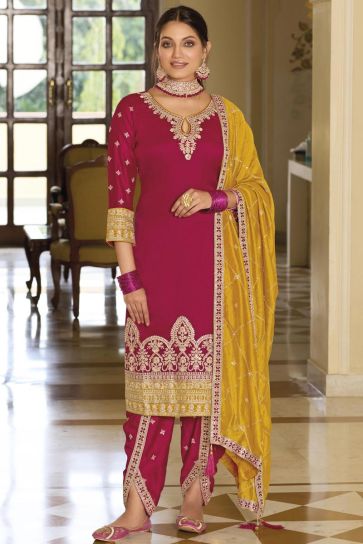 Karva Chauth Special Rani Color Art Silk Fabric Embroidered Readymade Designer Salwar Suit